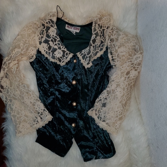 Vintage lace velvet green 80s button blouse - Picture 7 of 12